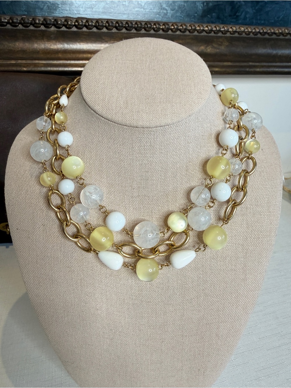 Gold-Tone Multi-Strand Necklace with Yellow & White Beads
